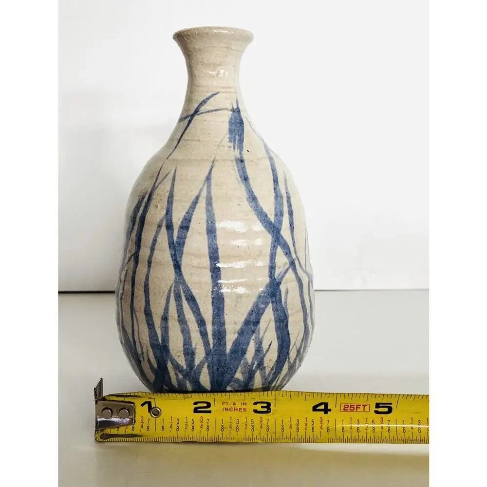 Vintage Blue Bamboo Hand Thrown Round Bottom Slender Neck Signed 1972 Pottery